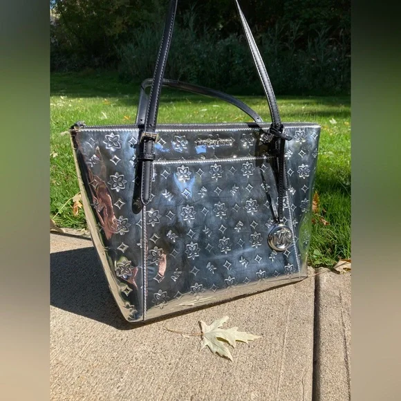Michael Kors Metallic Silver Monogram Mirror Zipper Top Ciara Tote Bag Purse - Picture 17 of 17